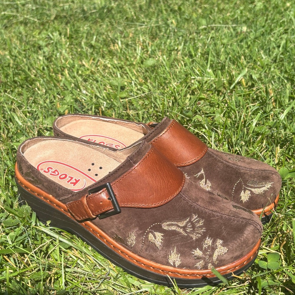 Klogs Austin Clogs Non Slip Sz 10M Brown Embroidered Floral Leather Suede Mules